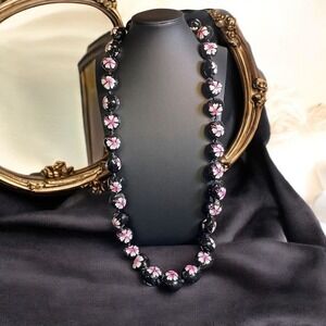 Hand-Painted Floral Beaded Necklace Black & Pink Hibiscus Black Satin Ribbon Tie